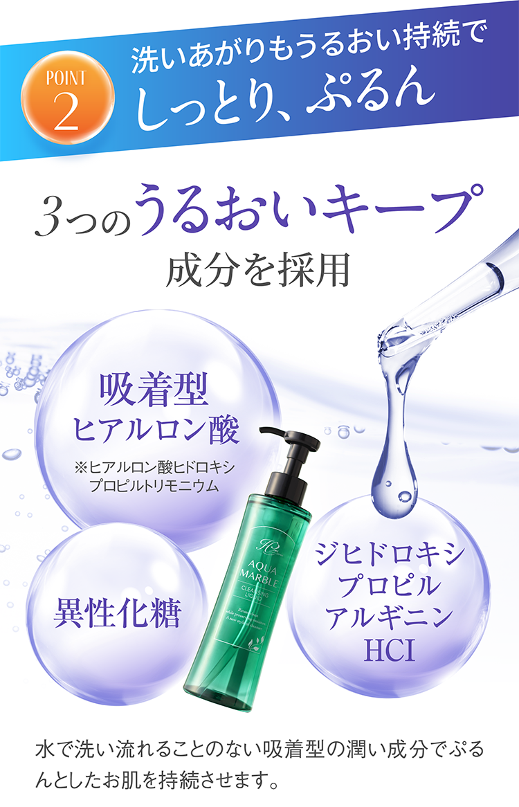 ポイント2 3つのうるおいキープ成分を採用 水で洗い流れることのない吸着型の潤い成分でぷるんとしたお肌を持続させます。